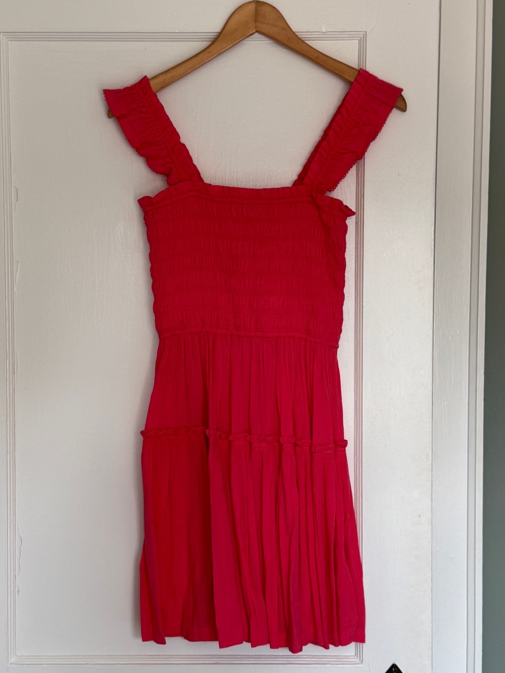 aerie Coral Smocked Ruffle Mini Dress